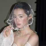 Daiiibabyyy  Vintage Pearls Beads Brides Veil Tassels White Wedding Veils Tulle Short Bride Head Gauze Headdress