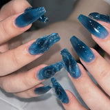 Daiiibabyyy  24Pcs Mid-length Ballet False Nail with Blue French 3D Flower Design Press on Nails Reusable Finished Full Cover Fake Nails Tips