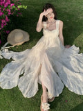 DAIIIBABYYY  -  French First Love Strap Heavy Duty Lotus Leaf Edge Dress Summer Vacation White Embroidered Super Fairy Long