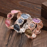 Daiiibabyyy  Enamel Colored Oil Rose Bracelet Geometric Hollowing Out Elastic Buckle Elastic Flower Bangle Ethnic Chinese