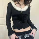 Daiiibabyyy  French Style Bow Fur Collar Knitted T-shirt Women Short Style Waist Cinching Slim Fit Slimming Spicy Girl Top