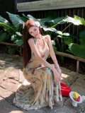 Daiiibabyyy  Vintage Printing Halter Dress Women's Clothing Sleeveless Slim Fit Temperament Vestidos High Waist Fashion Sweet Maxi Dress