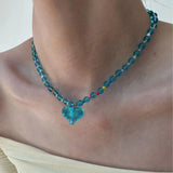 DAIIIBABYYY  -  Summer Blue Resin Heart Pendant Beaded Chain Choker Necklace For Women Trendy Cute Boho  Aesthetic Y2K Jewelry Accessories
