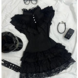 Daiiibabyyy  Goth 2Piece Set Y2k Slim Lace Sweet Womens Dresses Short Sleeve Button Party Dress Harajuku 90s Emo Grunge Summer Lolita Suit