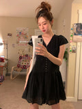 Daiiibabyyy  Retro Korean Sle ort Sve Hollow out Trim Button Slimming Casual Dr Unique SEI Girl Feeling High Waist Commute Dr