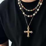 DAIIIBABYYY  -  3pcs/set Fashion Luxury Imitation Pearl Rhinestone Flower Beads Choker Necklace Men Exquisite Cross Pendant Jewelry