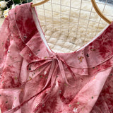 Daiiibabyyy  Woman Vintage Print Dress Doll Collar Bandage Fashion Elegant Vestidos Korean A-Line Puff Sleeve Dresses Vestidos De Mujer