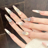 Daiiibabyyy  10Pcs Handmade Long Oval Fake Nails Pink Gold Luxury Rhinestone Decor False Nails For Party Wedding Wearable Press on Nails