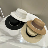 DAIIIBABYYY  -  Summer Elegant Pearl Chain Flat Sun Hats for Women Chapeau Feminino Straw Hat Panama Wide Brim Anti-UV Beach Cap Girl Topee
