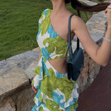 Daiiibabyyy  Sexy Slanted Shoulder Short Sleeve Bohe Dress Women Fashion Floral Print Hollow Mini Dress Elegant Hight Waist Slim A-Line Dress