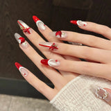 Daiiibabyyy  10pcs Cat's Eye Red Handmade False Nail Tips Bow Lines Design Long Oval Nail Rhinestone Press on Nails Art Wearable Fake Nail