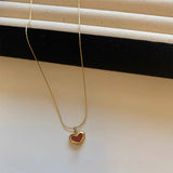 Daiiibabyyy Korean Trendy Red Heart Pendant Golden Stainless Steel Necklace for Women Sweet Elegant Niche Design Party Jewelry Wedding Gifts