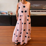 Daiiibabyyy  Elegant High Waist Vacation Dress Leisure Crew Collar Sleeveless Polka Dot Printed Dress Summer Fashion Loose Pleated Maxi Dress