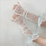 DAIIIBABYYY  -  Lolita Lace Floral Ribbon Cuffs Bow Fingerless Gloves Elastic Mesh Elbow Gloves Jk Kawaiii Sunscreen Sleeve Clothing Accessories