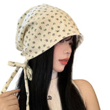 Daiiibabyyy  Floral Beanies Straps Baotou Stacking Hat Female Headscarf Retro Cold Hat Big Head Circumference Skullies Korean Loose Hat