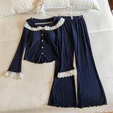 Daiiibabyyy  Lace Sleepwear Women Pajamas Set with Pad Spring Piiama Korean Casual Home Wear New Button Long Sleeve Sets 2 Pieces Night Wears