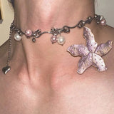 Daiiibabyyy  Y2K Pink Metal Starfish Flower Pendant Necklace for Women Men Luxury Imitation Pearl Beads Choker Clavicle Chain Trendy Jewelry