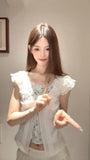 Daiiibabyyy  White Slim Korean Artistic Cute Milk Top Women Summer Contrasting Color Splicing Fake 2 Piece Floral Short Sleeve Shirt