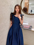 DAIIIBABYYY  -  Ribbon Bow Denim Dress Women Korean 2025 Summer New Style French Feeling Large Swing Suspender Long Vestidos