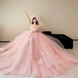 Daiiibabyyy  Pink Strapless Korea Long Wedding Dresses Princess Fairy A-Line Silk Tulle Party Evening Customized Photo Shoot Prom Gowns 웨딩드레스