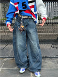 Daiiibabyyy  Blue Wide Leg Jeans Women Vintage Washed High Waist Pockets Denim Barrel-leg Trousers American Style Baggy Streetwear