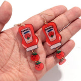 Daiiibabyyy  Cute Red Tomato Jam Bottle Long Drop Earrings for Women Funny Acrylic Cartoon Dangle Earrings Creative Jewelry Gifts