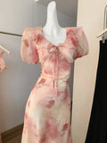 Daiiibabyyy  Women's Elegant Puff Sleeve Ruffles V Neck Floral Long Dress Lady Summer Short Sleeve Slim A Line Long Dress