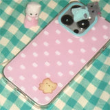 Daiiibabyyy  Crystal transparent white light painted pink polka dot kitten biscuit phone case for iPhone 11 12 13 14 15 16 pro max