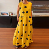 Daiiibabyyy  Elegant High Waist Vacation Dress Leisure Crew Collar Sleeveless Polka Dot Printed Dress Summer Fashion Loose Pleated Maxi Dress