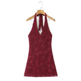 Daiiibabyyy  Sexy Wine red Mesh Flocking Sequins Tie Bow Halter V Collar Backless Dress Women Backless A-line mini Dresses Femme Vestidos
