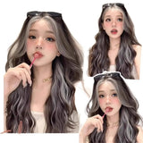 Daiiibabyyy  Brown Ash Highlight Long Water Wave Synthetic Wig Middle Part Face Framing Women Y2K Street Party Sweet Costume Hairpiece