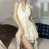 DAIIIBABYYY  -  New Women's Solid Color Slim Fit High Waist Fashionable Hanging Neck Sexy Backless Dress