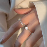 Daiiibabyyy 2Pcs/Set Hollowed Out Simple Rings Heart Shape Open Ring Adjustable Metal Jewelry Decoration Silver Color Romantic Ring