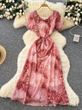 Daiiibabyyy  Woman Vintage Print Dress Doll Collar Bandage Fashion Elegant Vestidos Korean A-Line Puff Sleeve Dresses Vestidos De Mujer