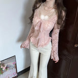 Daiiibabyyy  Spring Autumn Bow Strap Pink V-neck Long Sleeved Lace T-shirt Women Slim Fit Waist Cinching Design Base Top