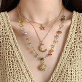 Daiiibabyyy  Colourful Irregular Beaded Necklace Set for Women Exquisite 3Pcs Star Moon Sun Pendant Necklace Retro Boho Versatile Jewelry New