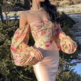 Daiiibabyyy Off Shoulder Floral Chiffon Shirt 2024 Summer French Design Sense Niche Bubble Long Sleeve Top Elegantes Women Evening Dresses