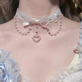 Daiiibabyyy  Fashion Cute Lolita Lace Pink Bow Pearl Tassels Necklace for Women Sweet Princess Heart Pendant Choker Cosplay Party Jewelry