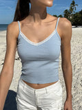Daiiibabyyy Women Blue Lace V Neck Tank Tops Summer Cotton Casual Camis Vests Sweet Preppy Female Solid Crop Top Y2k