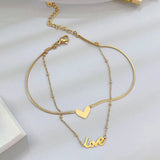 Daiiibabyyy Titanium Steel Gold Color Double Layer Chain Heart Anklet Bracelet On Leg Foot Jewelry For Women Jewelry Accessories Charm Ankle