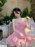 Daiiibabyyy  New Pink Romantic Floral Skirt Summer Slimming Solid Color Fashionable and Fresh Short Skirt Small Slim Strap Dress S6YW