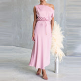 Daiiibabyyy  Temperament High Waist Pleated Dresses Sexy Slash Collar Lace Up Satin Evening Dress Elegant Lady Solid Color Slim Banquet Dress