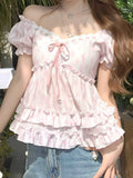 Daiiibabyyy  Sweet Temperament Flower Print V Neck Puff Sleeve Bow Ruffles Bandage Women Blouse