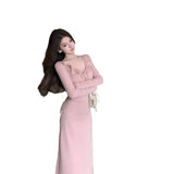Daiiibabyyy  Autumn Winter New Style Long Knitted Wrap Dress with Belt and Pleated Hemline Elegant Pink Evening Gown Full Sleeve V-Neck