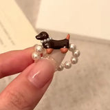 Daiiibabyyy  Sausage Dog Pearl Ring Girl Cartoon Cute Luxury High-end Index Finger Ring Niche Funny Creative Stacking Jewelry Accessories