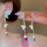 Daiiibabyyy  Fairy Imitation Pearl Rhinestone Hollow Metal Star Butterfly Tassel Dangle Earrings for Women Real Gold Copper Jewelry