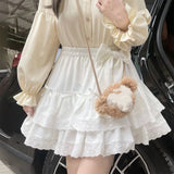Daiiibabyyy  Japanese Style Soft Girl Kawaii Sweet Mini Ruffle Cake Skirt with Bow Solid White A Line Student Lace Kpop Casual Loose Skirts