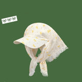 DAIIIBABYYY  -  Korean Version Bow Print Lace Strap Headscarf Hat Women's Summer French Pastoral Style Sweet Vacation Curved Brim Sun Cap