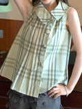 Daiiibabyyy  Preppy Japanese Turn Down Collar Sleeveless Single Breasted Plaid Women Shirt