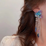 New Korean Elegant Blue Purple Flower Long Tassel Drop Earrings For Women Girls Sweet Butterfly Pendientes Jewelry